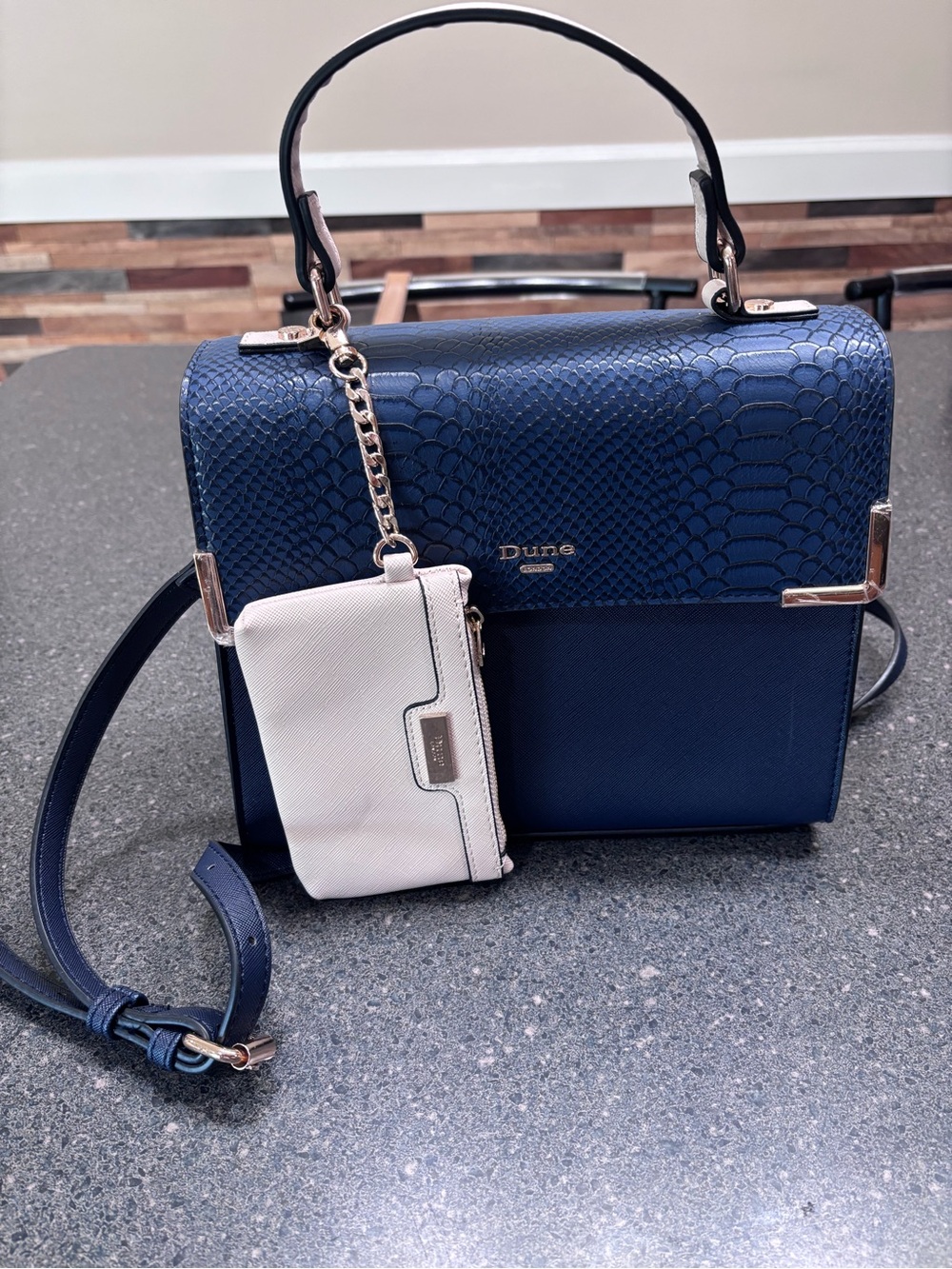 Dune London Navy Faux-Snake Top Handle Satchel with White Pouch